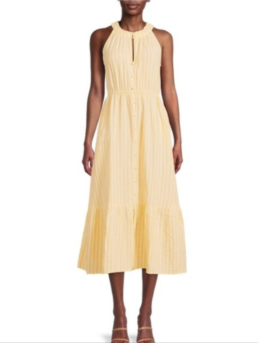 Time & Tru Midi Dress Size L 12-14 Yellow White Stripe Elastic Waist Ruffle Hem